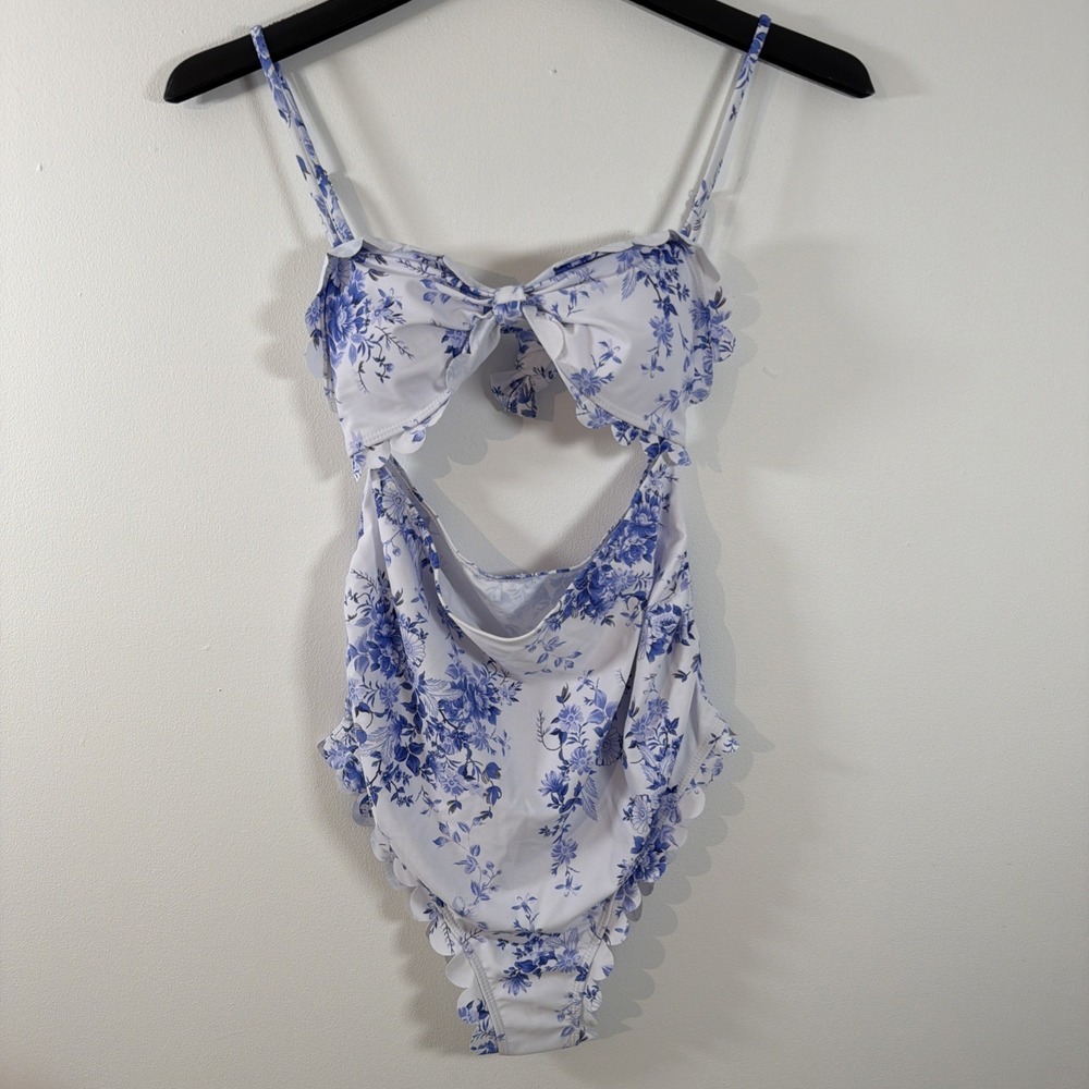 Blue White Floral Cut Out Midsection Scalloped Edges One Piece Swimsuit Large